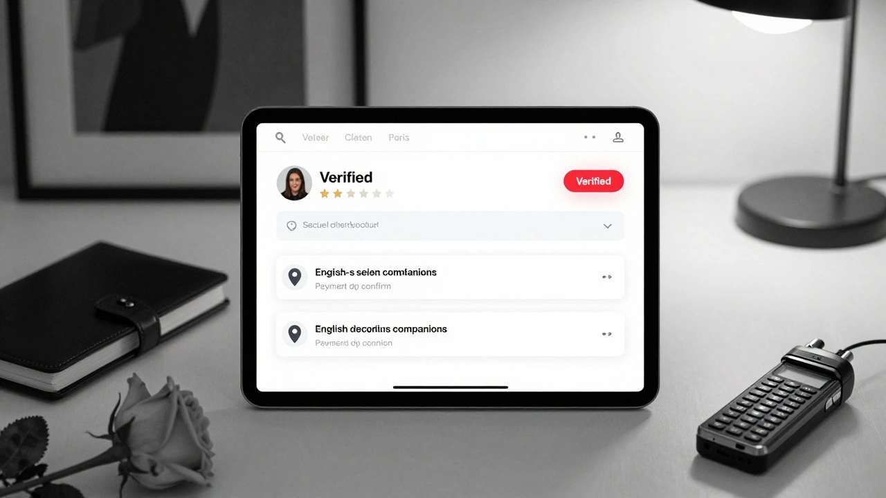 A digital dashboard shows verified reviews and secure payments, with a rose and burner phone nearby.