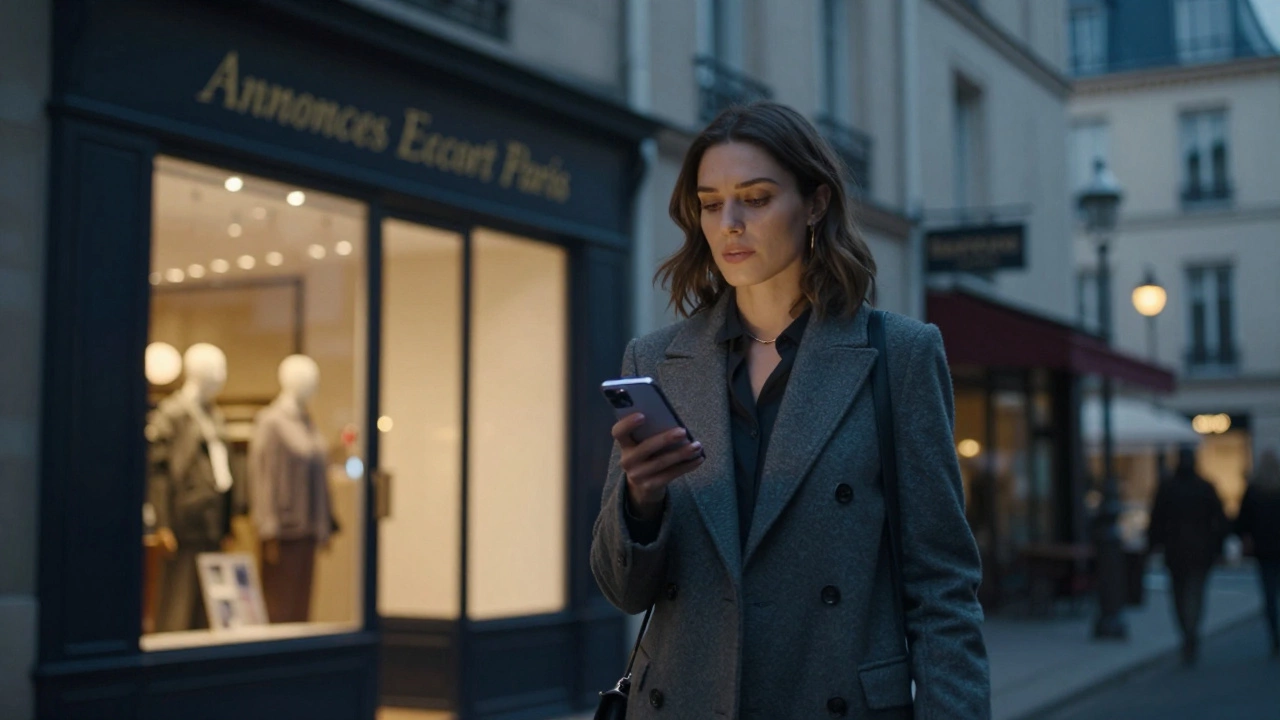A woman walks confidently down a Paris street, smartphone glowing softly with a booking app.