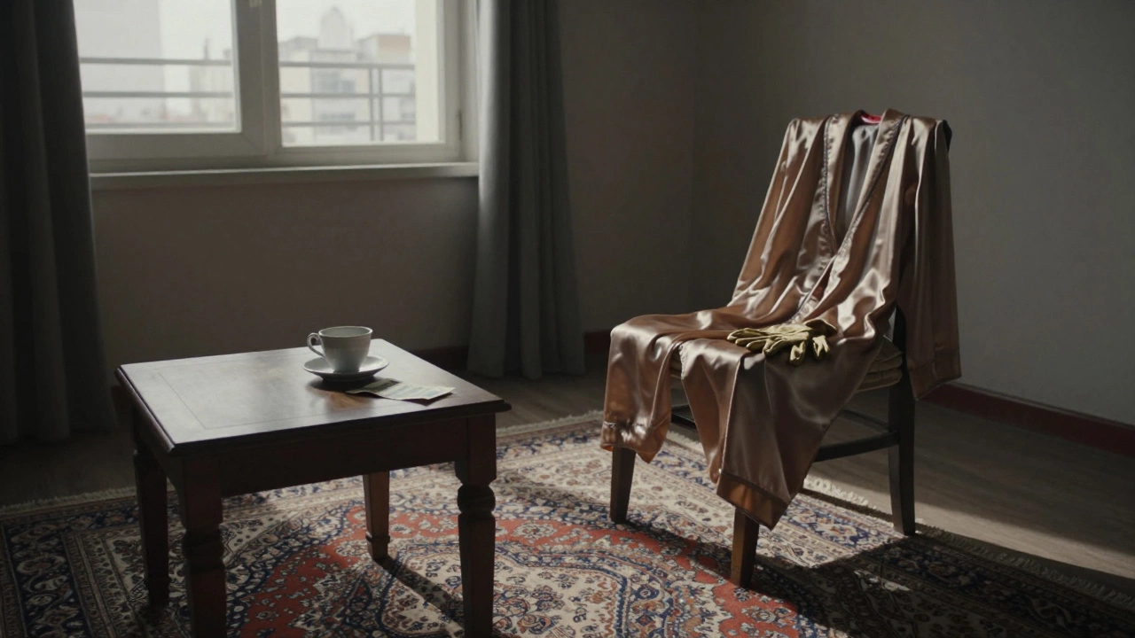 An empty apartment at dawn with a teacup and folded note on a table, silk robe draped over a chair, silence lingering.